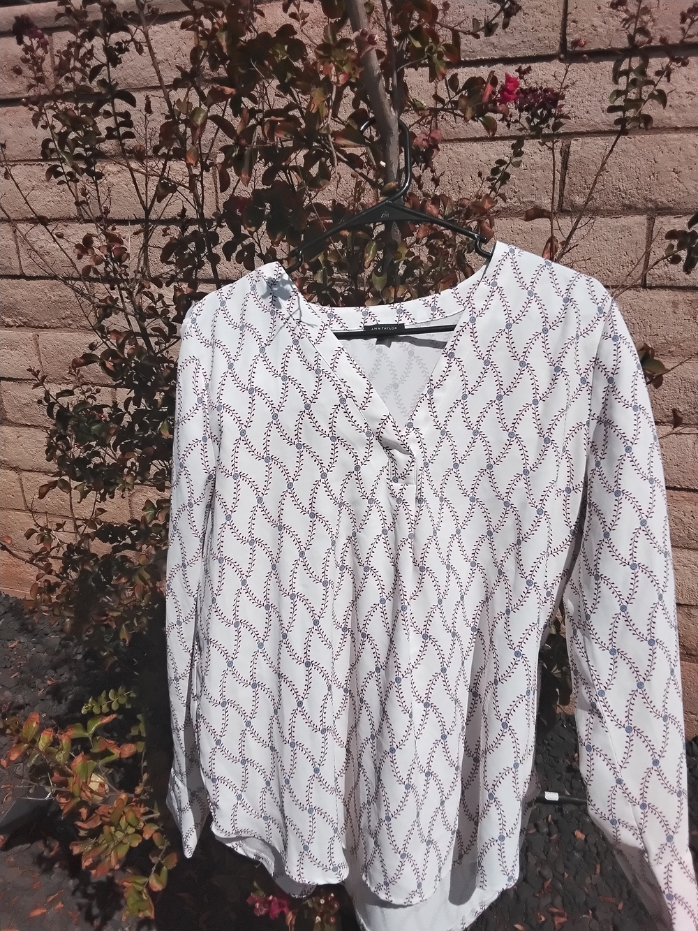 Ann Taylor White Long-Sleeve V-Neck Blouse with Navy Leaf Pattern